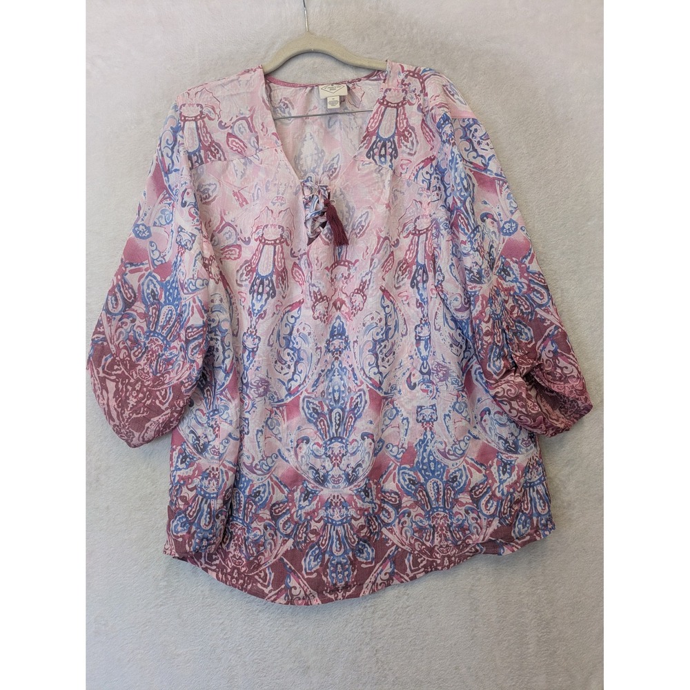 St John's Bay Tunic Women's 1X Pink Blue Paisley Boho Roll Tab V-Neck Tassels